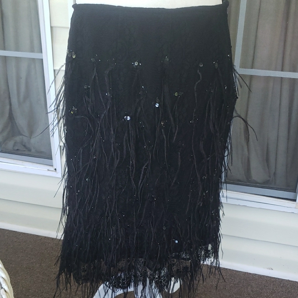 FERUAD Vintage Gothcore Elegant‎ Black Ostrich Feather  Fringe Skirt